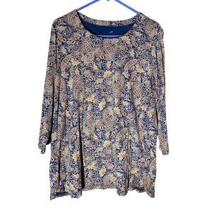 J. Jill Pima 3/4-Sleeve Scoop-Neck Tee Blue Paisley 100% Pima Cotton Size XL